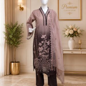 Premium Pakistani Floral Embroidered 3-Piece Suit Set – Purple