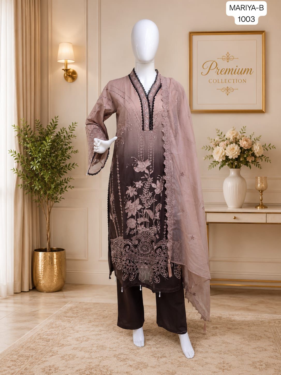 Premium Pakistani Floral Embroidered 3-Piece Suit Set – Purple (Copy)